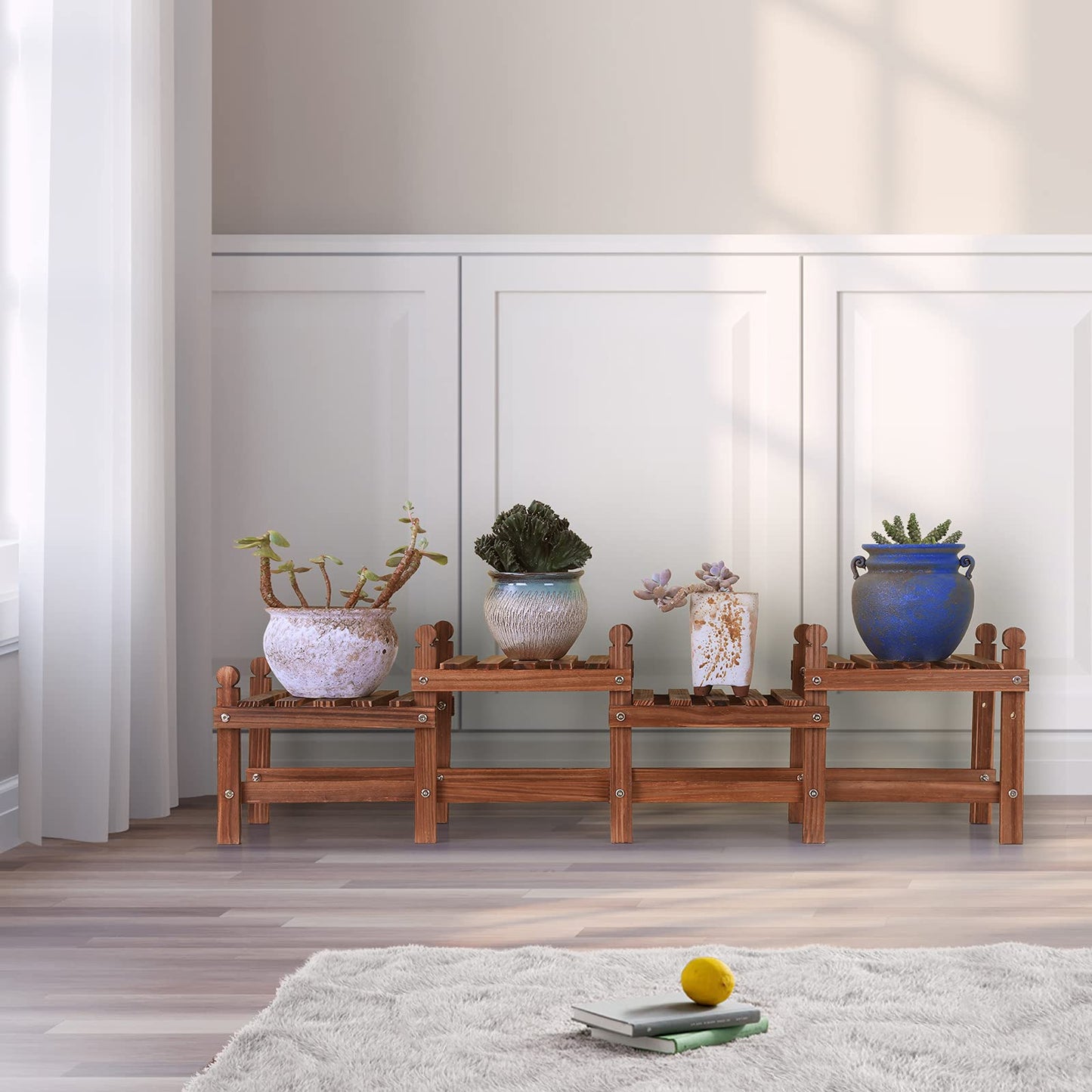 Jotboom Wood Plant Stand Indoor Outdoor,4 Tiers Plant Stand Bench Indoor,Low Window Plant Shelf Small Long Flower Pot Stand for Multiple Plants (11.8"-44'')