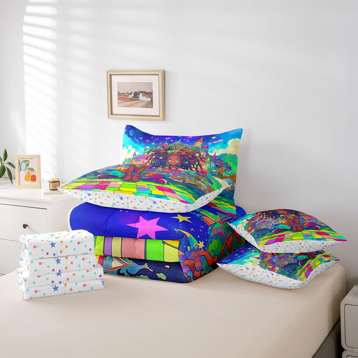 jejeloiu Kids Cute Black Girl Comforter Set 7 Pieces Full Size African American Girl Bedding Set Star Print Bed in a Bag with Comforter, Sheets, Pillowcases & Cushion Covers(No Glitter)