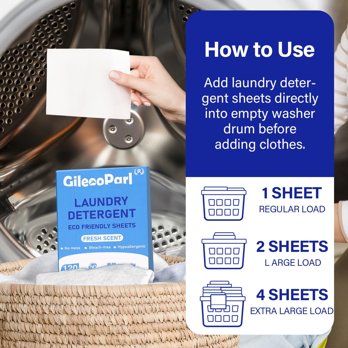 Gileooparl Eco-friendly Laundry Detergent Sheets, 120 Loads, Nontoxic, Nonirritating, Hypoallergenic Eco-strips for Sensitive Skin, Fresh Linen Scent, Space Saving, Lightweight, Easy to Use and Carry