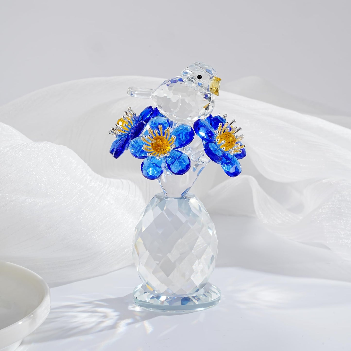 CNCRMEM Crystal Bird & Forget-Me-Not Flower Figurine,3x4 inch Glass Flower Collectible Ornaments for Home Decor Table Centerpiece Glass Bouquet Flowers Keepsake Gifts for Women (Blue)