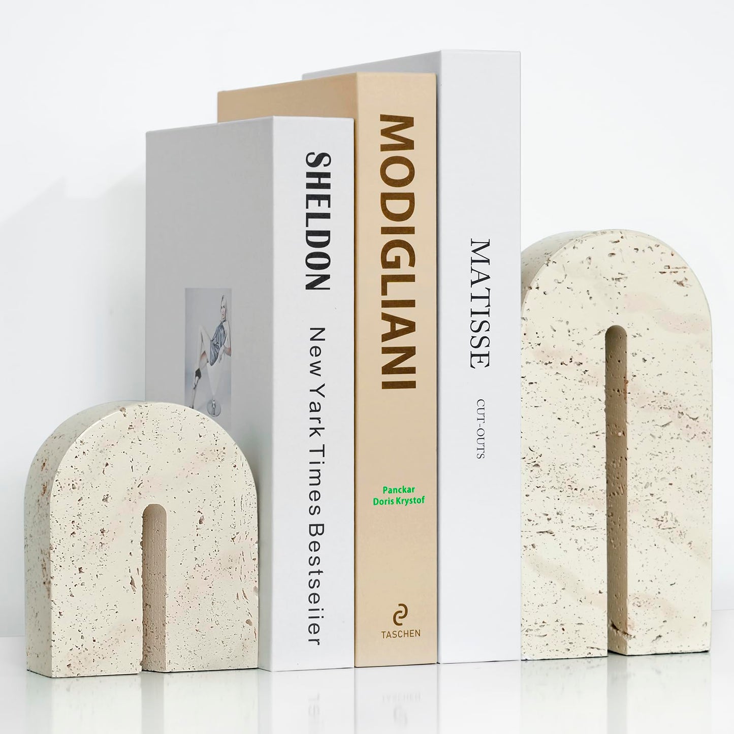 BOHDK Book Ends for Shelves, Resin Heavy Duty Decorative Bookends, Retro Arch Book Holder for Heavy Books, Imitation Travertine Book Stopper for Home Decor, Study, Bookshelf, Desktop, Set of Two