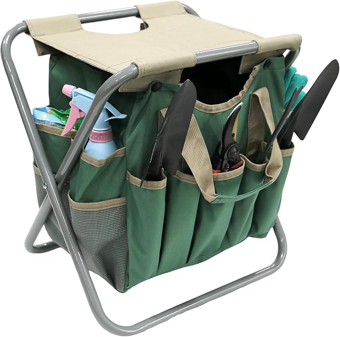 MDSTOP Folding Gardening Stool with Detachable Storage Tote Bag, Gardening Tools Set Organizer for Fishing Outdoor Sports Hiking Camping Garden, Gardening Gifts for Mom/Dad and Gardeners (Polyester)
