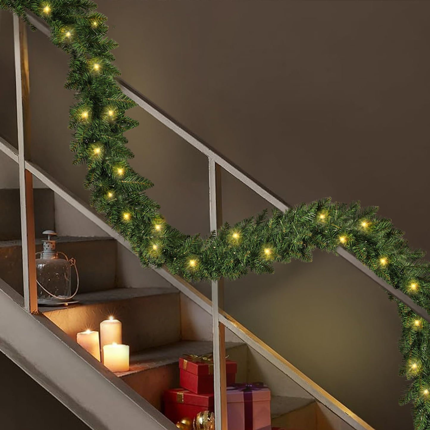 9ft Pre-lit Christmas Garland with 50 LED, 8 Lighting Modes Battery Powered & 6H Auto Timer, Waterproof 240 Branch Tips Prelit Garlands with Warm White Lights for Indoor Outdoor Holiday Decorations