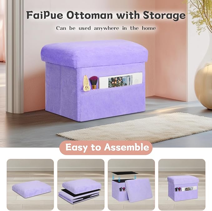 Small Ottoman with Storage, Folding Soft Fur Storage Foot Rest Stool with