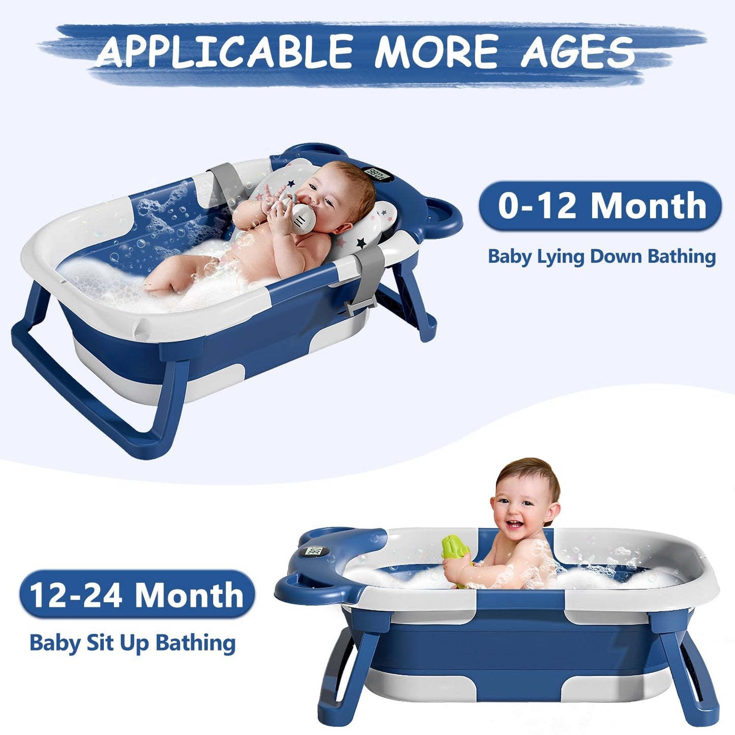 TPN Collapsible Baby Bathtub for Infants to Toddler with Real-time Temp Monitor+Floating Cushion,Foldable Baby Bath Tub Set Applicable 0-36 Month,Perfect Portable Travel Baby Tub for Newborns Boy