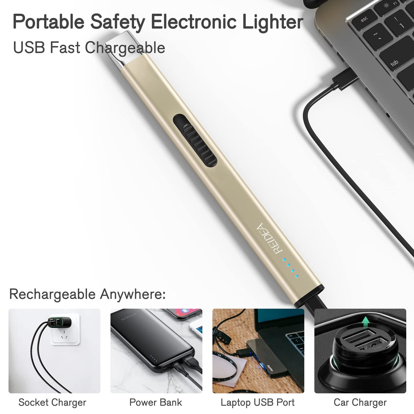 REIDEA Lighters 2 Pack R1 Flat Electronic Candle Lighter, Windproof Flameless USB Rechargeable Arc Lighter with Safe Button and Power Indicator for Candle, BBQ and Fireworks, Champagne Gold and White