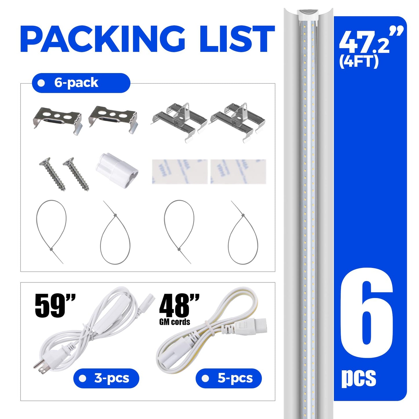 Barrina Plant Grow Lights, 4FT 5000K Full Spectrum Daylight White, 252W(6 x 42W, 1400W Equivalent), T8 LED Grow Light Strips, Growing Lamp Fixture, Plant Lights for Indoor Plants, Greenhouse, 6-Pack