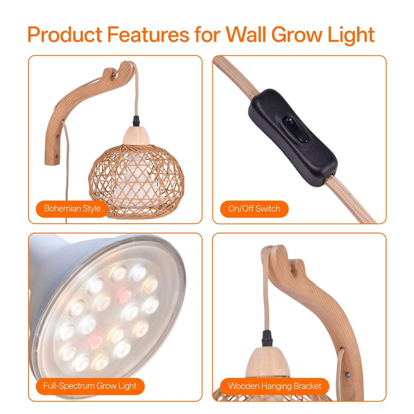 Bstrip Hanging Grow Lights for Indoor Plants, 18W Full Spectrum Plant Light, Boho Rattan Lantern Shade, 3800K Wall-Mounted Decorative Grow Light with 9.8FT Power Cord for Indoor Plant Growing, Flowers