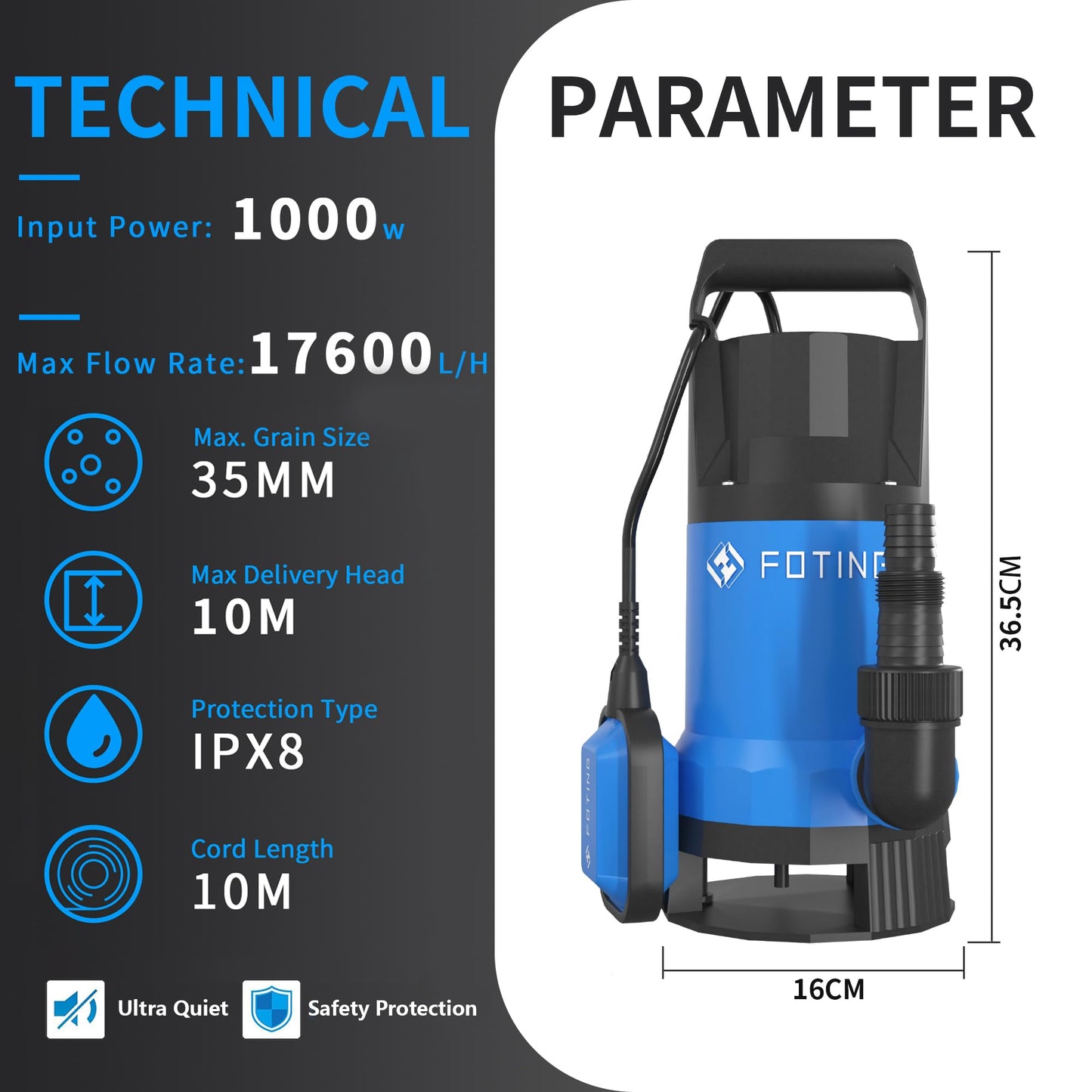 FOTING 1000W Submersible Water Pump to Empty Pool, Dirty/Clean Water, 17600 L/H Electric Sump Pump with Float Switch, Portable Water Pump for Garden Pond, Hot Tub, Pool Draining, Ditches