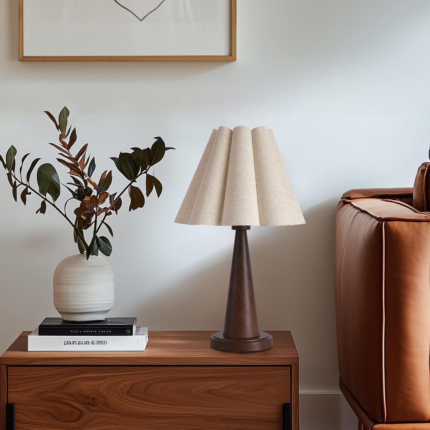 Fengarolam Modern Table Lamp with Petal Linen Lampshade, Dark Faux Wood Metal Base – 20.5” Bedside Nightstand Lamp for Bedroom, Living Room, Office, E26 Base, Max 60W (Bulb Not Included)