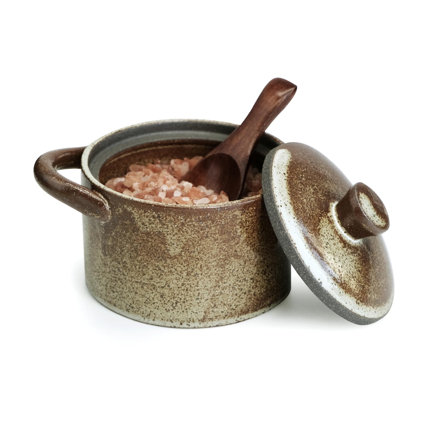 seicasaya Handcrafted Speckled Ceramic Salt Cellar with Wooden Spoon, Rustic Vintage Spice Jar, Dishwasher Safe, 8.45 fl oz (Peckled Ceramic)