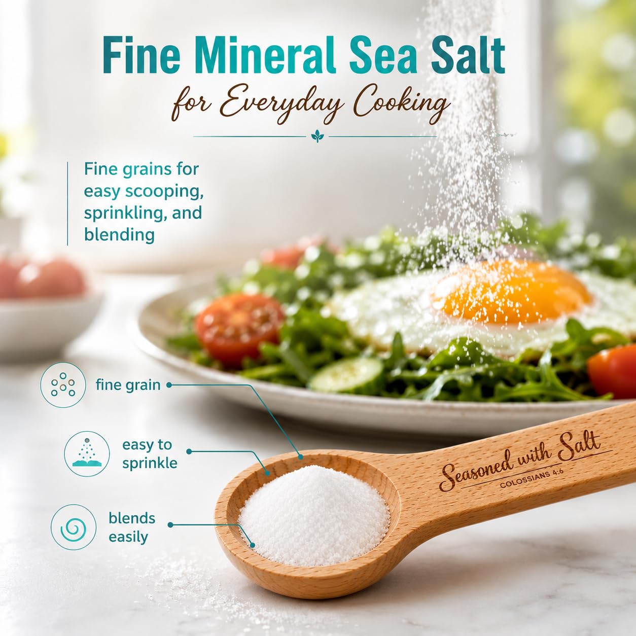 Birdee Salt Gift Set, Solar-Dried Mineral Rich Fine Grain Sea Salt from Vietnam, 17.6 oz (500g) Pouch with Engraved Hardwood Spoon Bag Sealer Clip, Seasoned with Salt Colossians 4:6