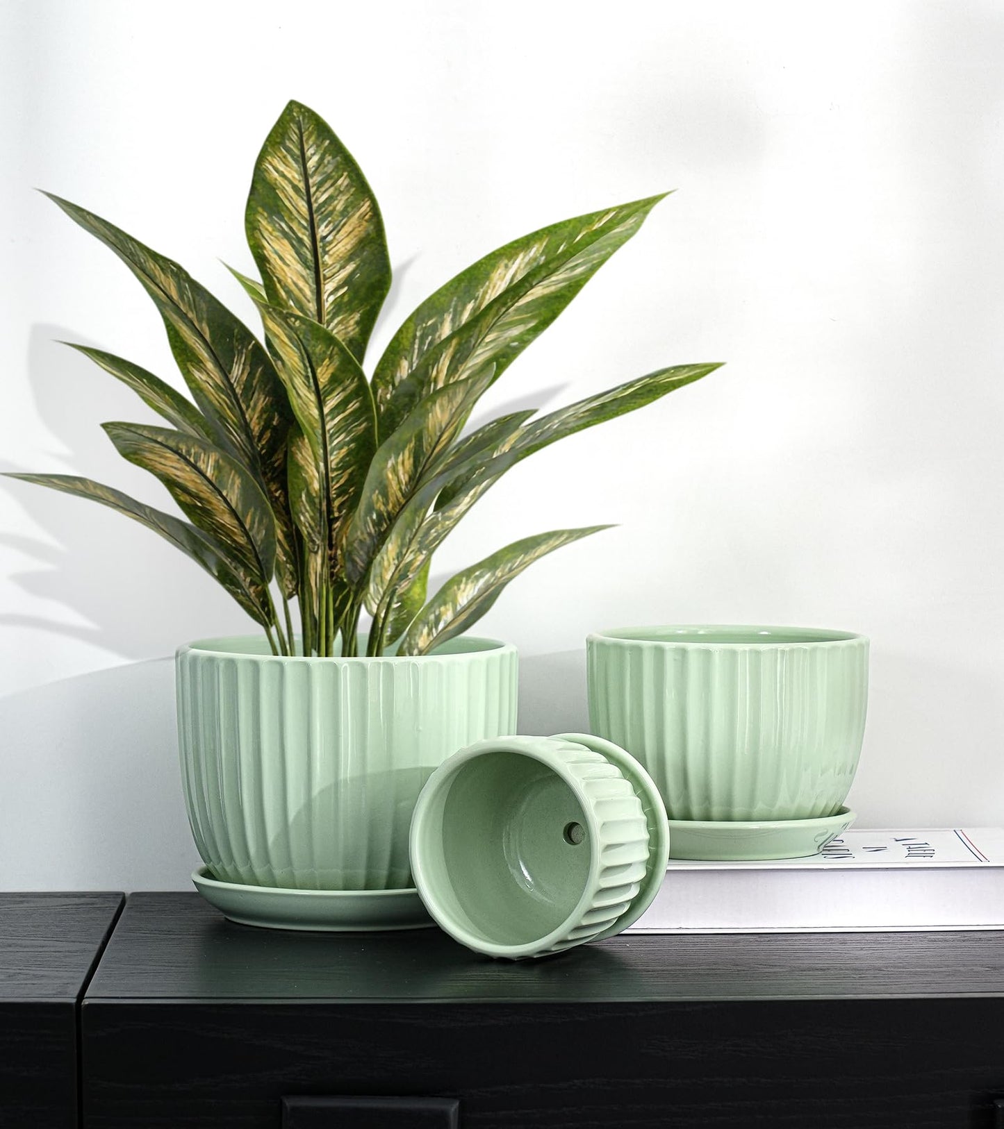 Ton Sin Flower Pots, Light Green Ceramic Plant Pots Set of 3,Small Glazed Succulent Pots with Drainage Hole,Cactus Planter with Saucer,Outdoor Garden Pots (Green)