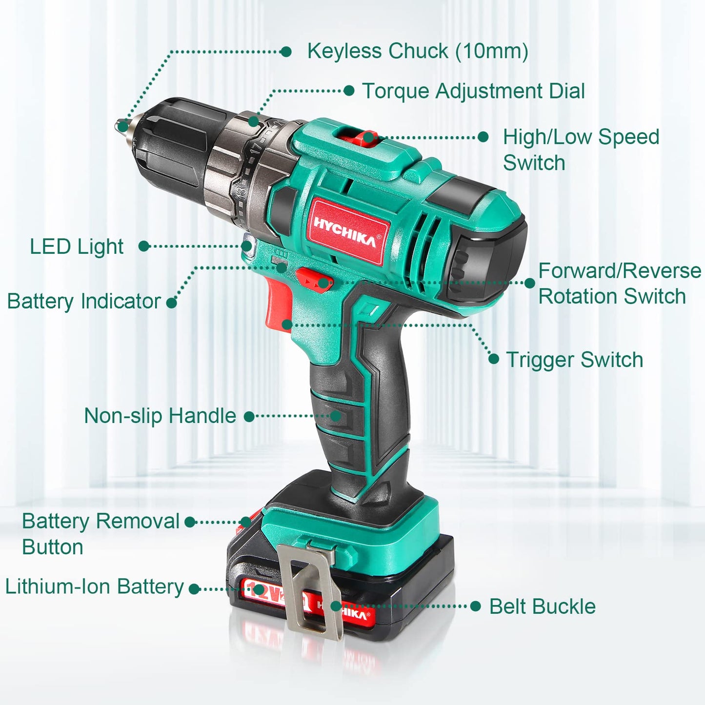 HYCHIKA Cordless Drill Driver 12V, Electric Screwdriver 30N·m, 21+1 Torque Electric Drill, 2-Variable Speed LED Work Light, 1500mAh Li-Ion Battery 25Pcs Accessories for Home and Garden DIY Project