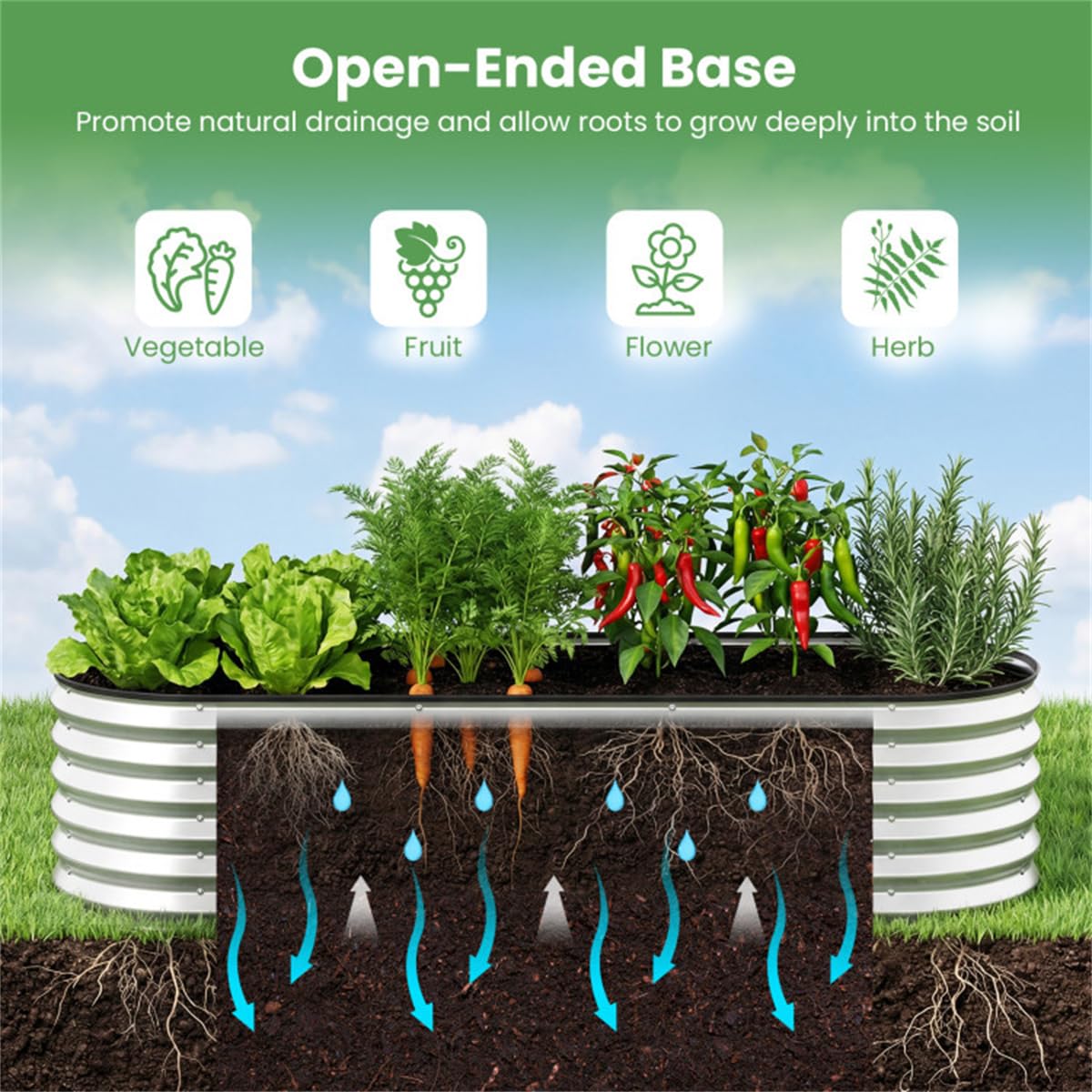 3-in-1 Raised Garden Bed with Greenhouse Cover, Oval Color Steel Planter Box, 6x2x1 Ft, Black (Silver)