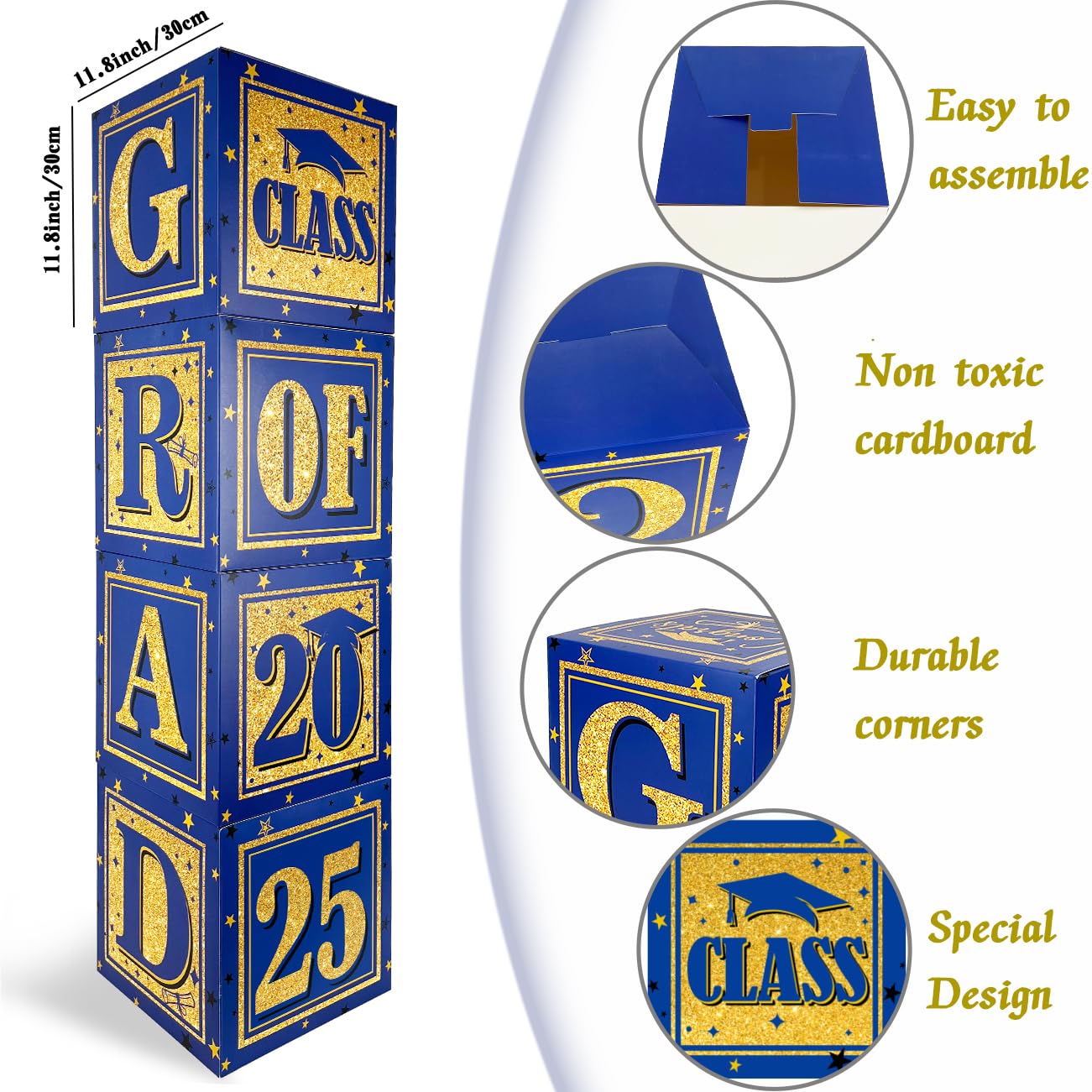 2025 Graduation Decorations Blue Class of 2025 Decorations Royal Blue and Gold Balloon Boxes with "GRAD" and"CLASS OF 2025" Letters Graduation Boxs for High School and College Grad Announcements