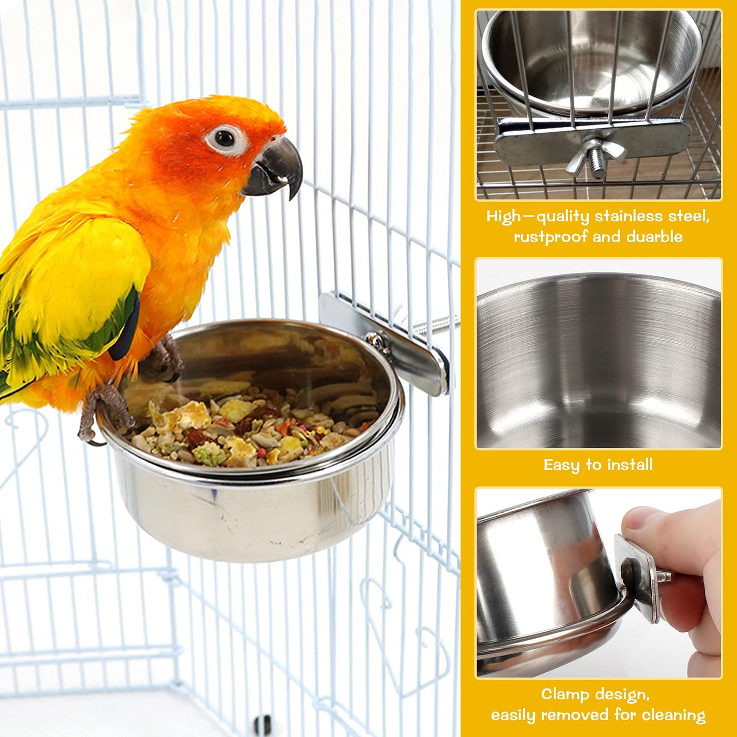 2 Pieces Bird Feeding Dish Cups, Stainless Steel Bird Bowl with 2 Pieces Stand Perch Cage Cup Holder with Clamps Parrot Food Bowl for Cage