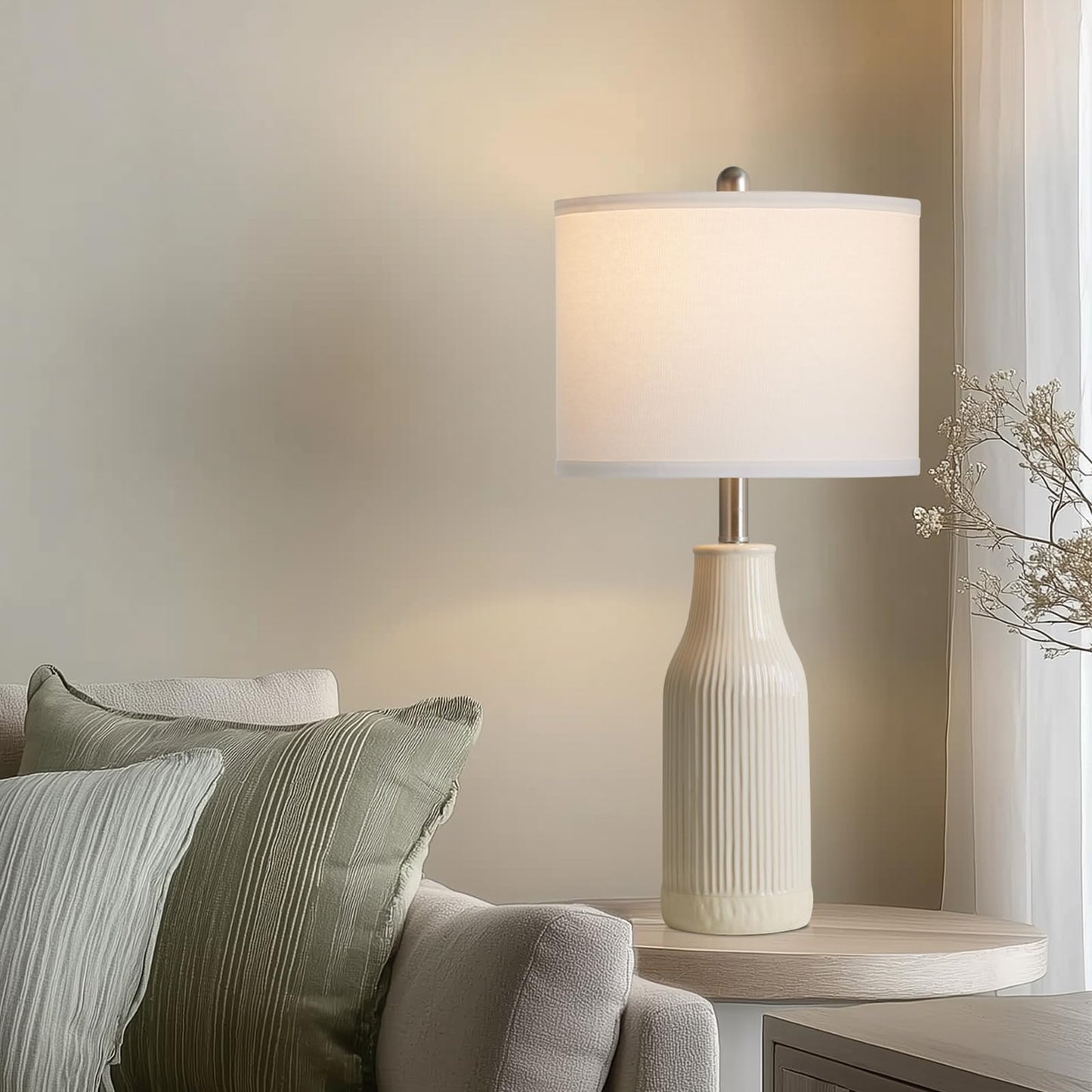 luxeflow 24.5" Ceramic Table Lamps Set of 2, Modern Farmhouse Bedside Lamps for Bedroom Nightstand, Small Table Lamp for Living Room End Table, Beige (2 LED Bulbs Included)