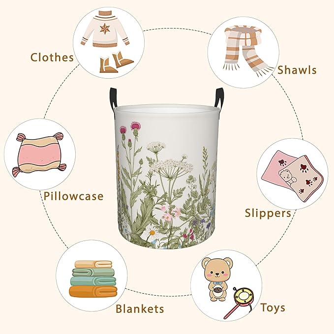 Laundry Hamper, Retro Wild Flowers Botanical Laundry Basket, Waterproof