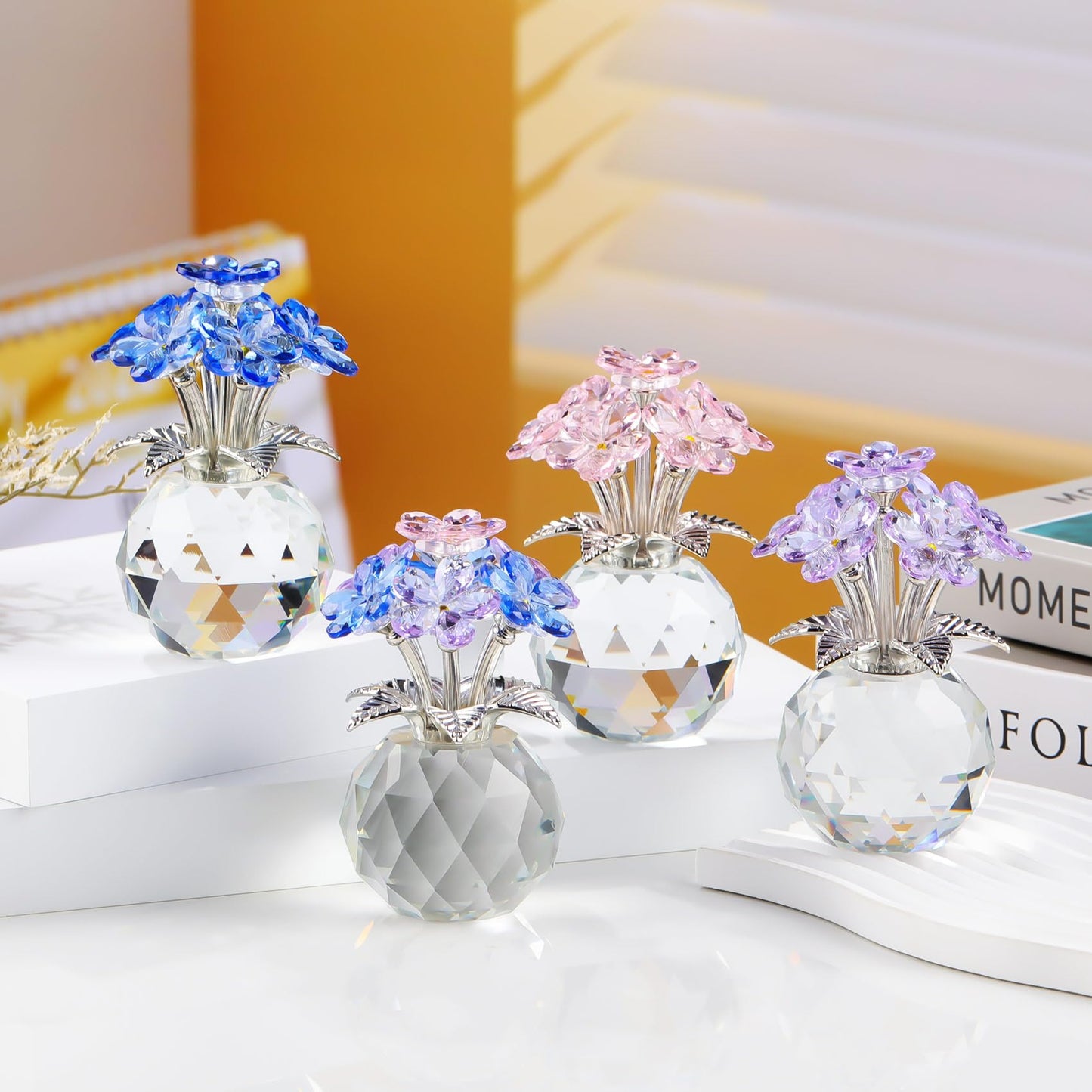 YWHL Purple Crystal Forget Me Not Flower Gifts for Women, Crystal Glass Figurines Home Decor, Handmade Collectible Figurine Ornaments for Tabletop Centerpieces
