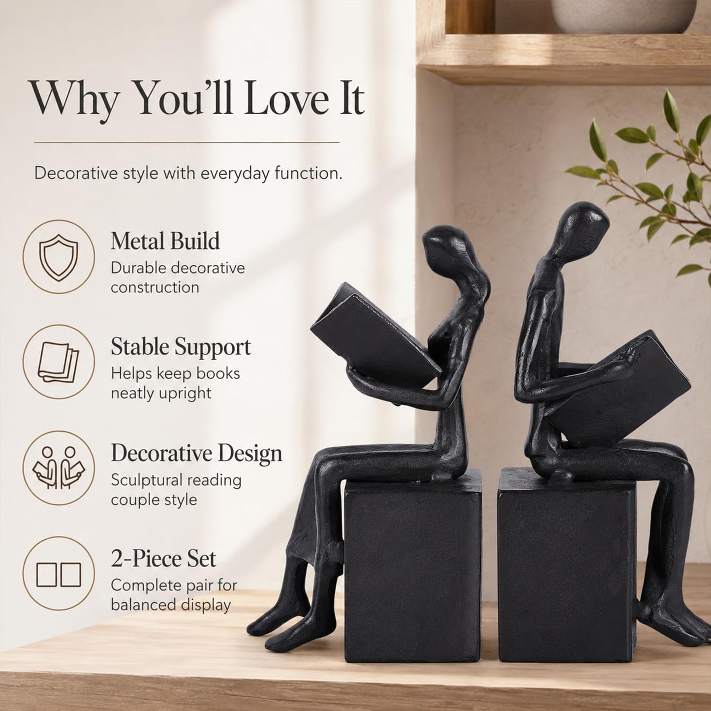 Iron Decorative Bookends for Heavy Books, Black Reading Couple Book Ends Decorative, Metal Thinker Bookends for Shelves Shelf Bookshelf Books Home Office Aesthetic or Book Lovers Gifts