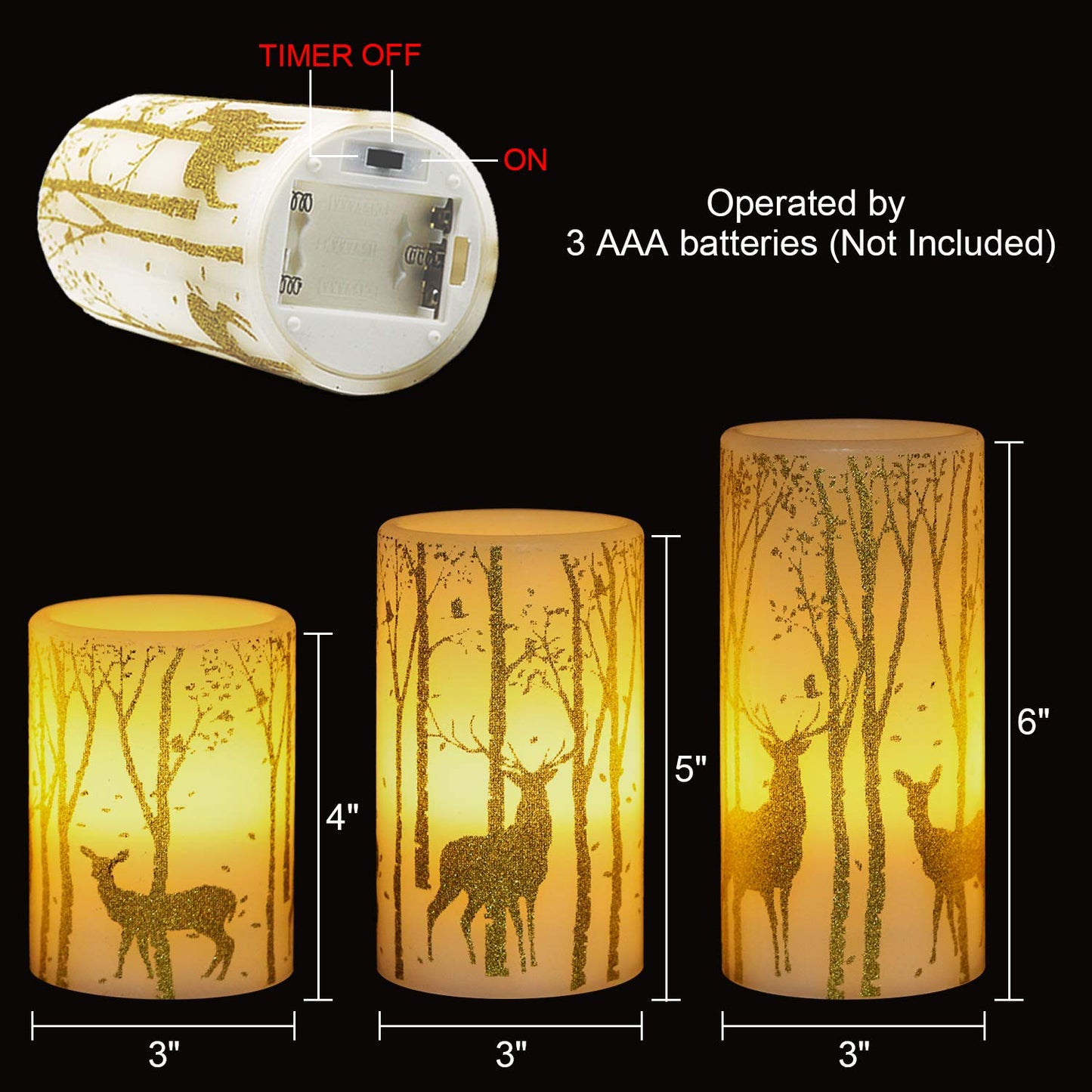 GenSwin Battery Operated Flameless Candles Flickering with 6 Hours Timer, Led Pillar Candles Deer Decal Warm Light, Real Wax Pack of 3 Christmas Home Decor