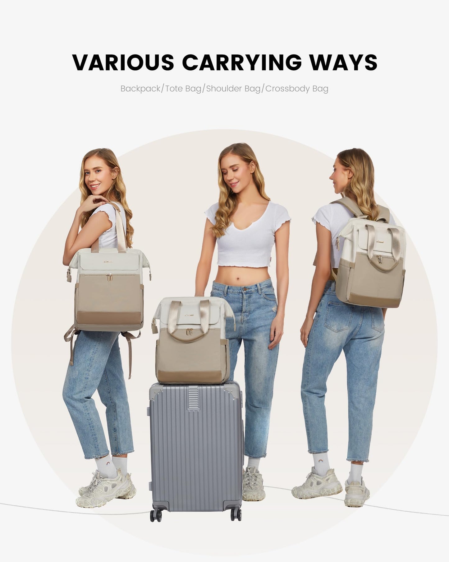 LOVEVOOK Women Backpack Laptop Backpack School Bag Waterproof, Beige and Khaki, 15,6 pouces, Casual