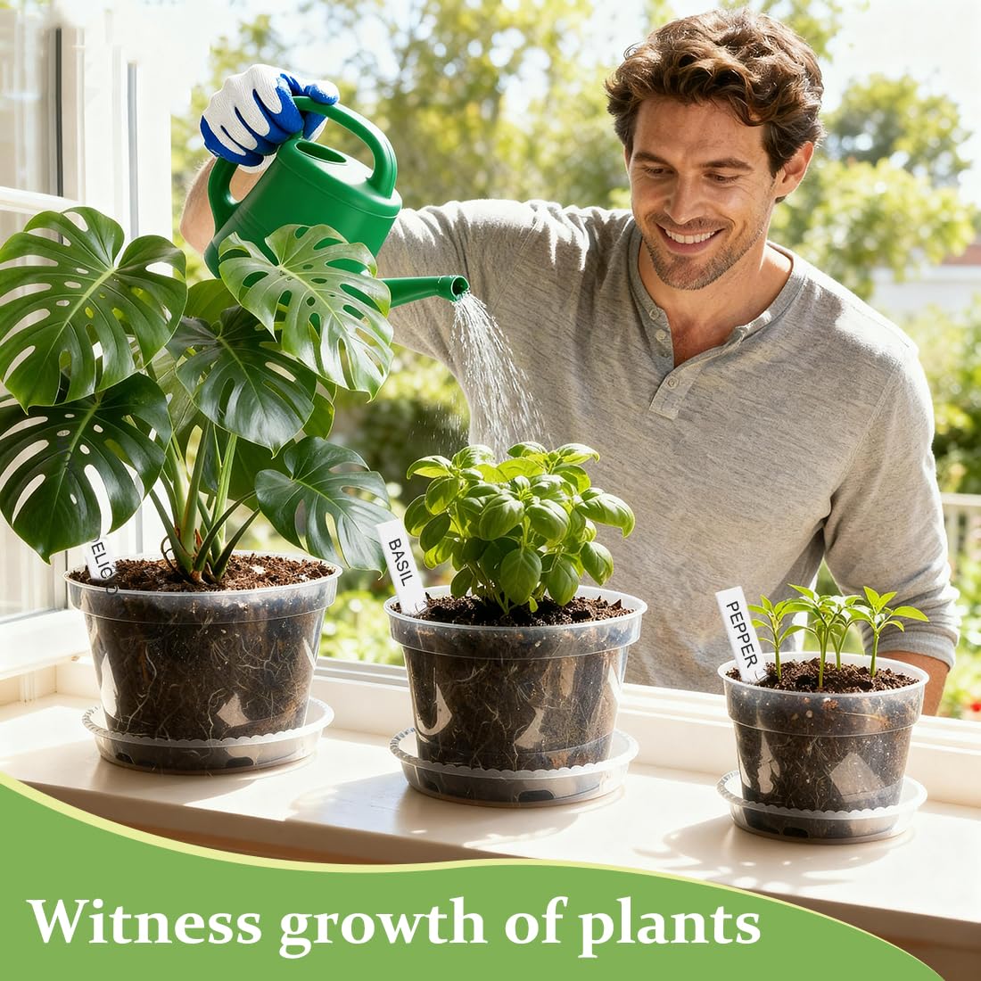 10/8/6 Inch Clear Plant Pots with Drainage Hole 12 Pack, Transparent Sturdy Plastic Nursery Pots with Saucers, Plant Label, Gardening Gloves, Plant Starter Pots for Planting Seed Herb Vegetable Flower