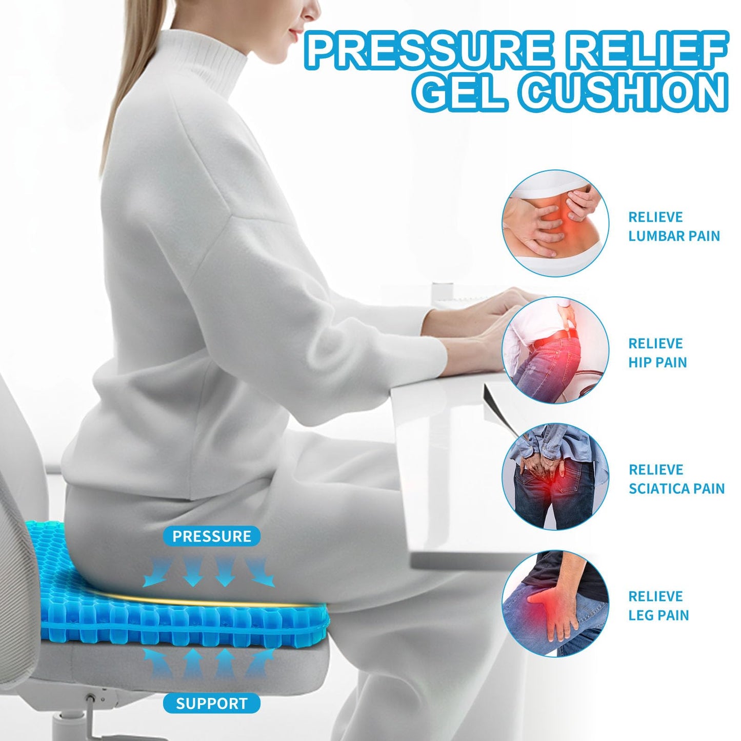 Gel Seat Cushion for Long Sitting - 16.5" x 14.5" x 2.4" (Extra Thick&Soft) Gel Cushion for People Over 180 lbs, Pressure Relief Cushion for Office Chair, Egg Cushions for Wheelchair, Gel Pad for Car