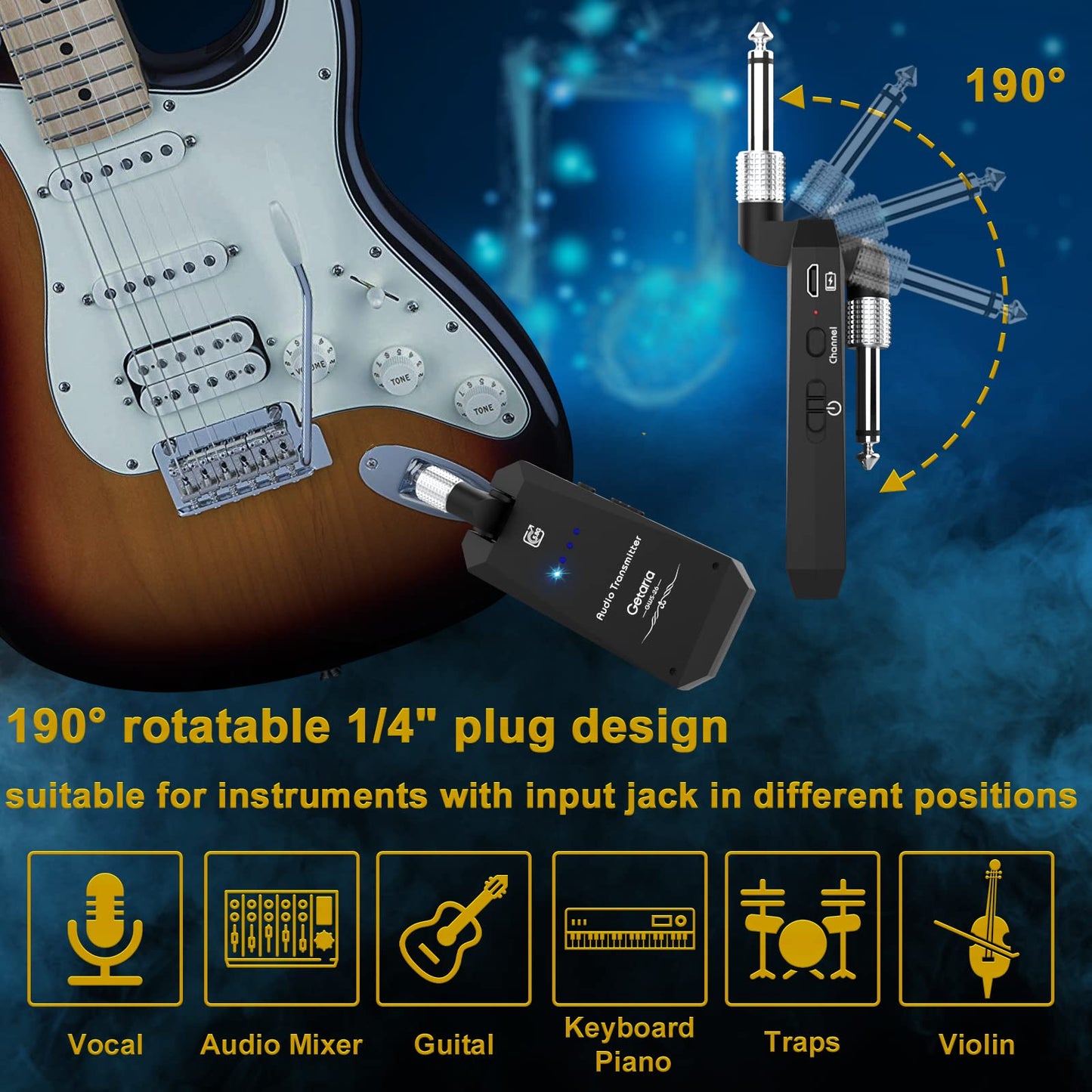 Getaria Wireless Guitar Transmitter Receiver Set 5.8GH Wireless Guitar System 4 Channels for Electric Guitar Bass (Silver/Black)