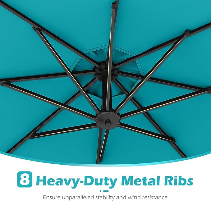 Tangkula 10ft Solar LED Patio Umbrella with Base, Offset Cantilever Outdoor Umbrella with 32 LED Lights, Infinite Tilt, 360 Degree Rotation, Crank Handle for Pool Deck Garden Backyard (Turquoise)