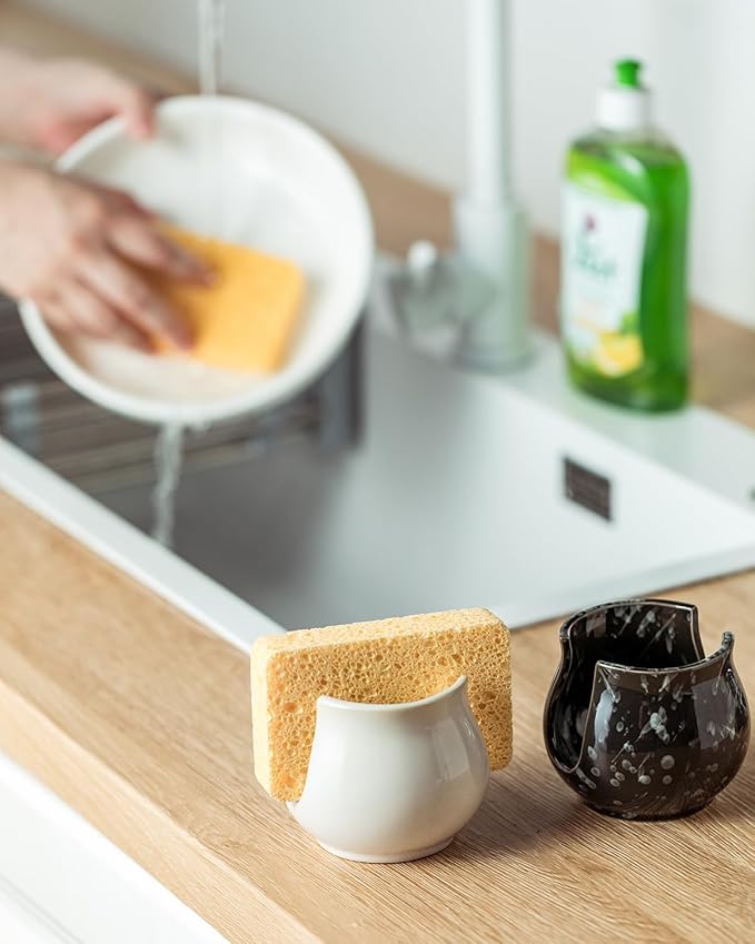 Sponge Holder for Kitchen Sink Counter, Ceramic Dish Sponge Caddy White Sink