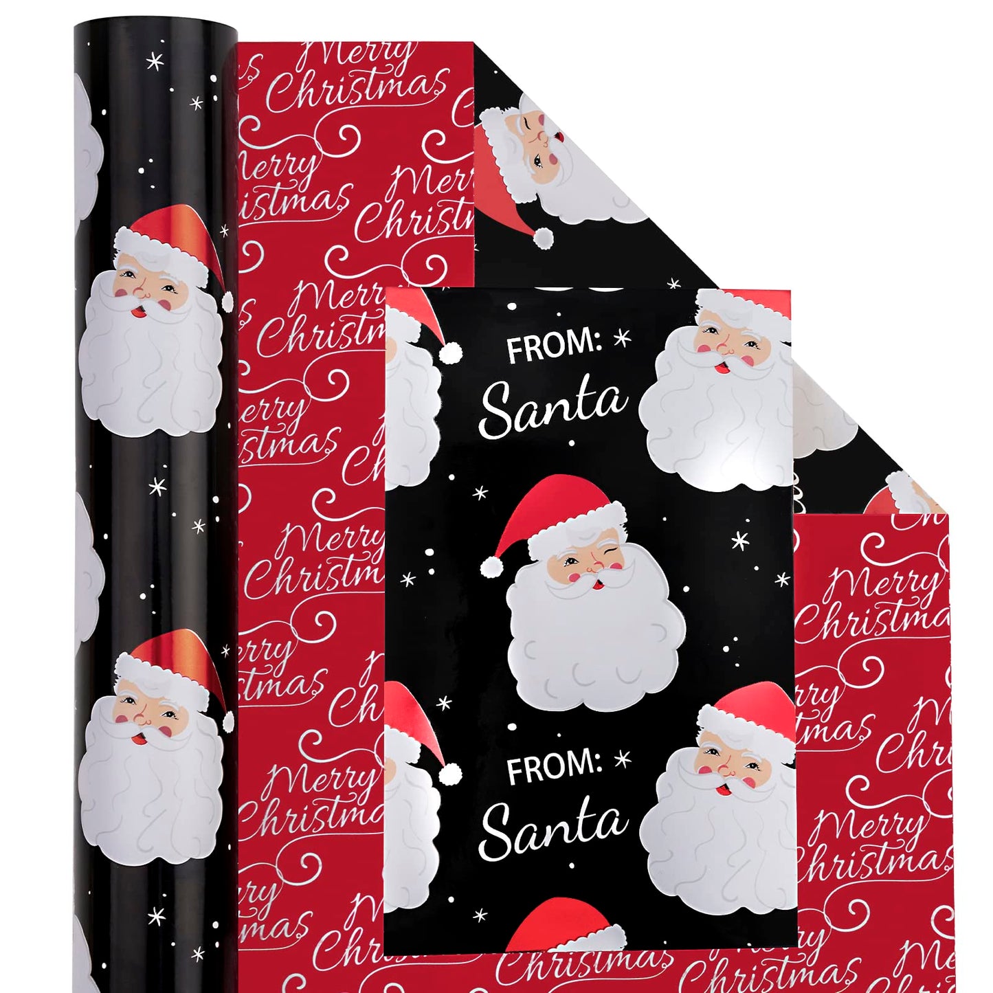 WRAPAHOLIC Reversible Vintage Christmas Wrapping Paper - Mini Roll - 17 Inch x 33 Feet - Black Jolly Santa Wrapping Paper and Red Merry Christmas Design with Metallic Foil Shine for Holiday, Party