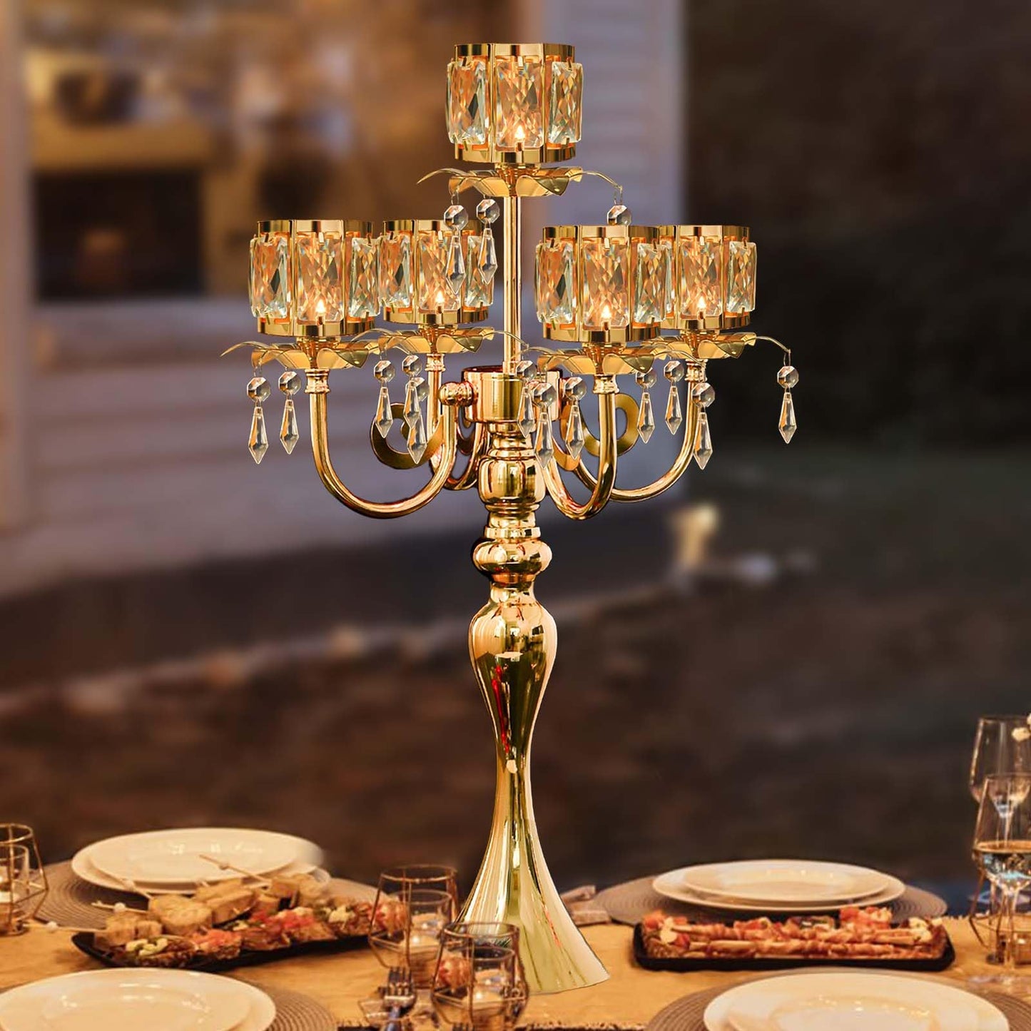 kolnlala 1PC Gold 5-Arm Crystal Pendant Metal Candle Holder with Square Crystal Bowl, 22-Inch Tall Wedding Table Centerpiece for Holiday Party Events, Christmas, Birthday Decorations