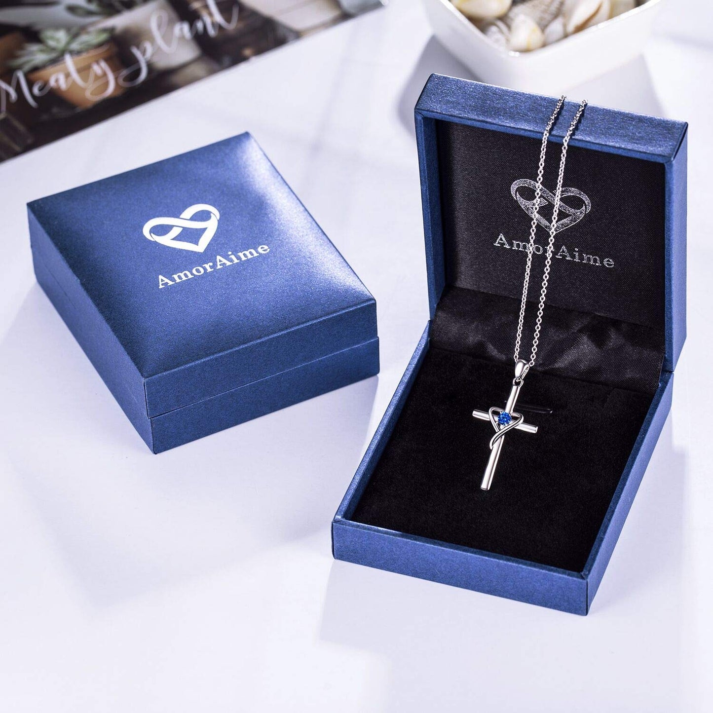 AmorAime 925 Sterling Silver Cross Necklace for Women Men 14K Gold Plated 5A CZ Birthstone Necklaces for Holiday (I.Dark Blue-September-Sapphire)