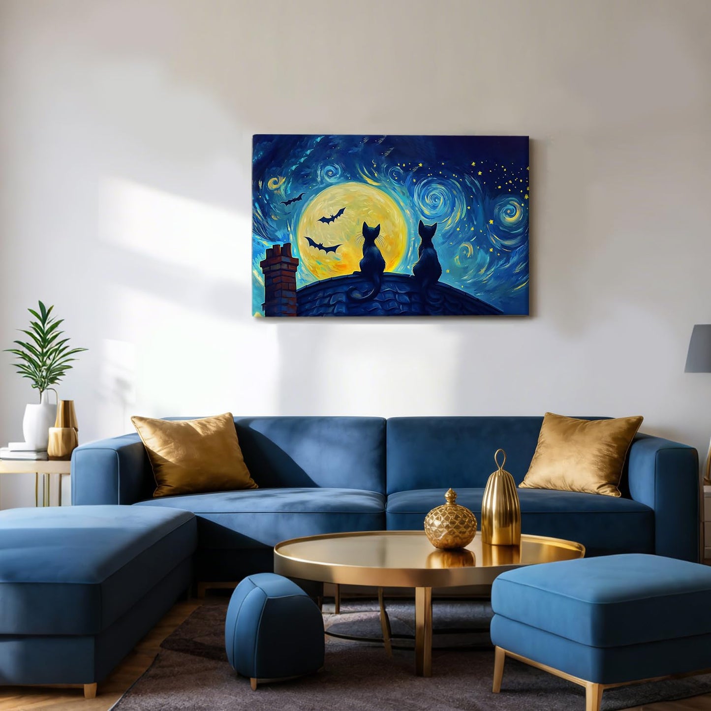 EEYNAQQ Starry Night Black Cat Wall Art, Van Gogh Style Halloween Canvas Painting, Moon Bat Rooftop Cat Wall Decor for Living Room Bedroom Children's Room, 12x16 Inches Ready to Hang