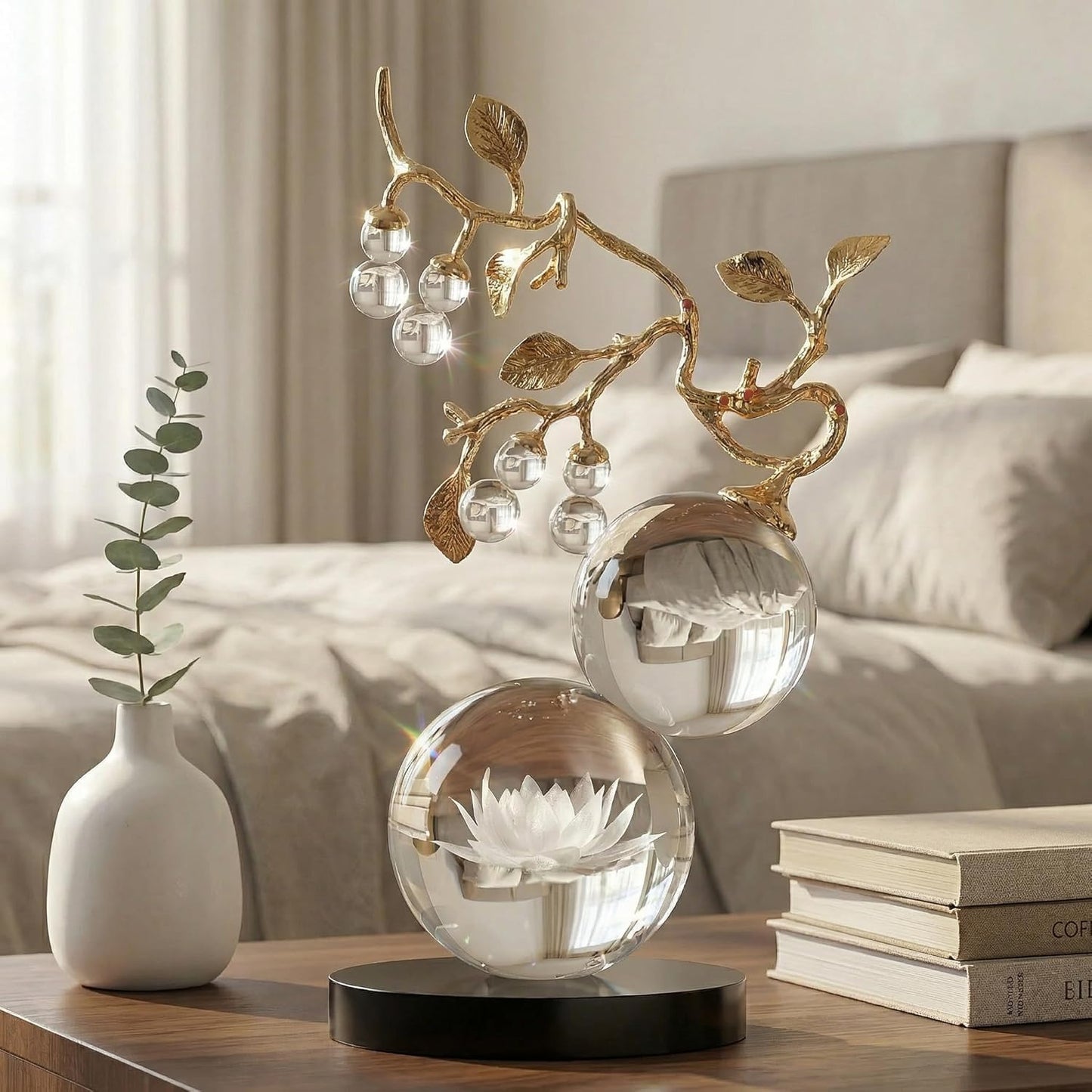 Mataura Clear Glass Sculpture, Nature Inspired Decorative Statue with Gold Metal Branch - Minimalist Desk Sculpture Home Decor for Tabletop Living Room Shelf Desk Office - Unique Housewarming Gift