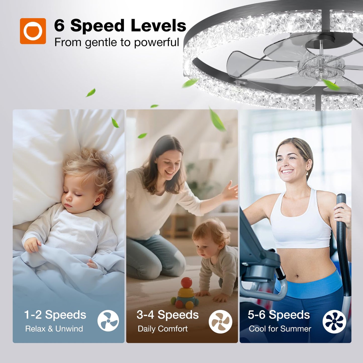 addlon Ceiling Fans with Lights and Remote, 24'' Low Profile Flush Mount Ceiling Fan, 3000–6000K Dimmable LED Fandelier, Bladeless Crystal Fan Light for Bedroom, Kitchen, Living Room, Black