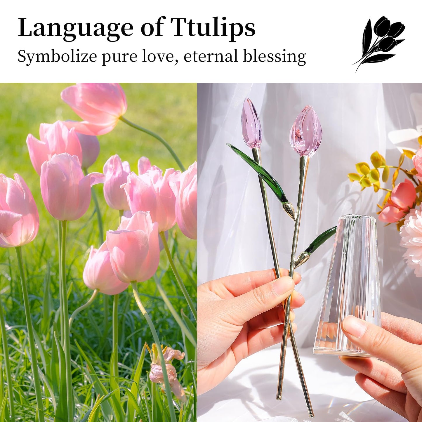 LONGWIN Crystal Tulips Flower Figurine Collectible with Vase Glass Spring Bouquet Flowers with Stem Home Decor Gift for Women Mom