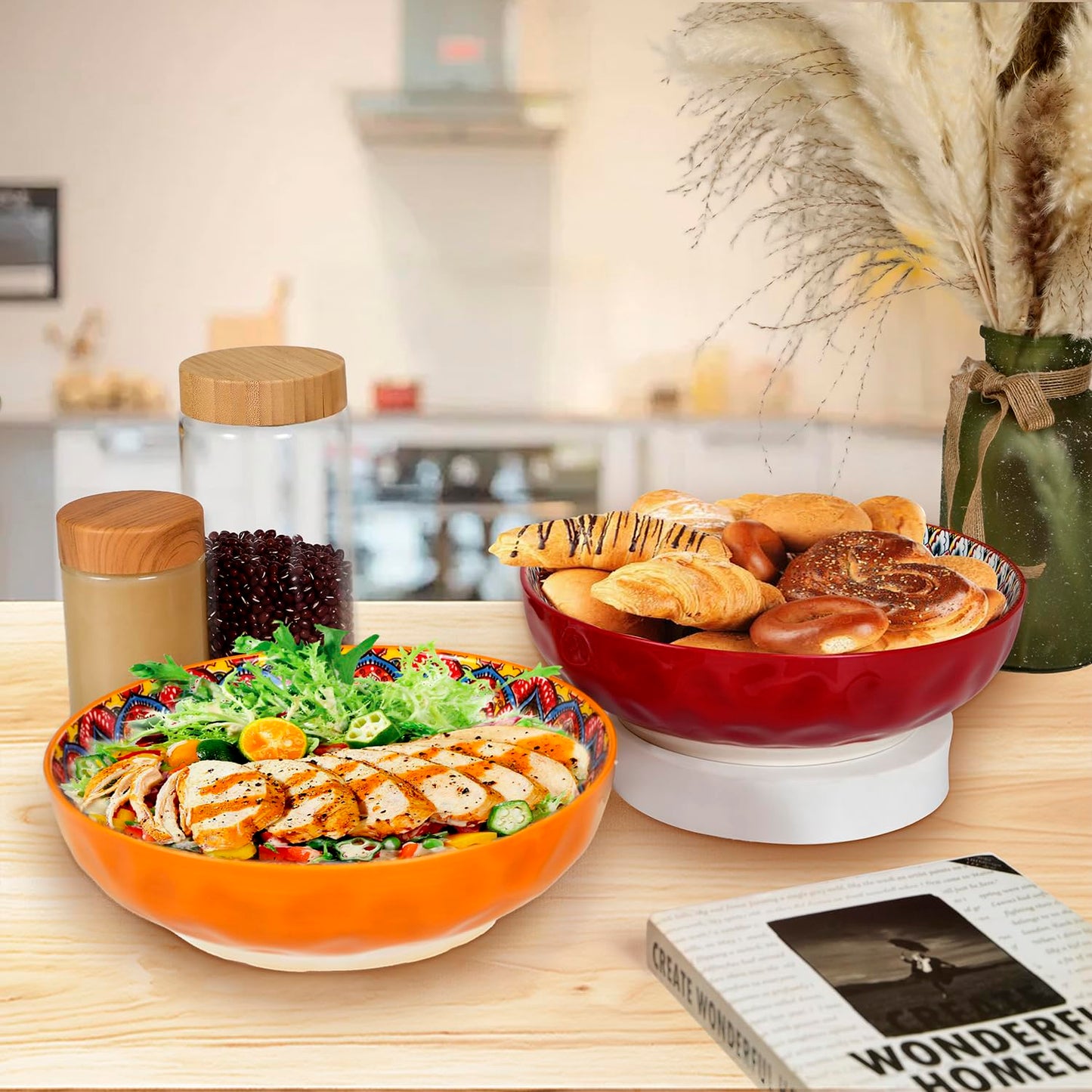 Zohsfbet Large Serving Bowls, 10 inch Porcelain Bowls,75 Oz Fruit Salad Soups & Pasta Bowls for Entertaining, Dinner, Party - Stylish Decorative Dishes, Set of 2, Microwave & Dishwasher Safe - RED