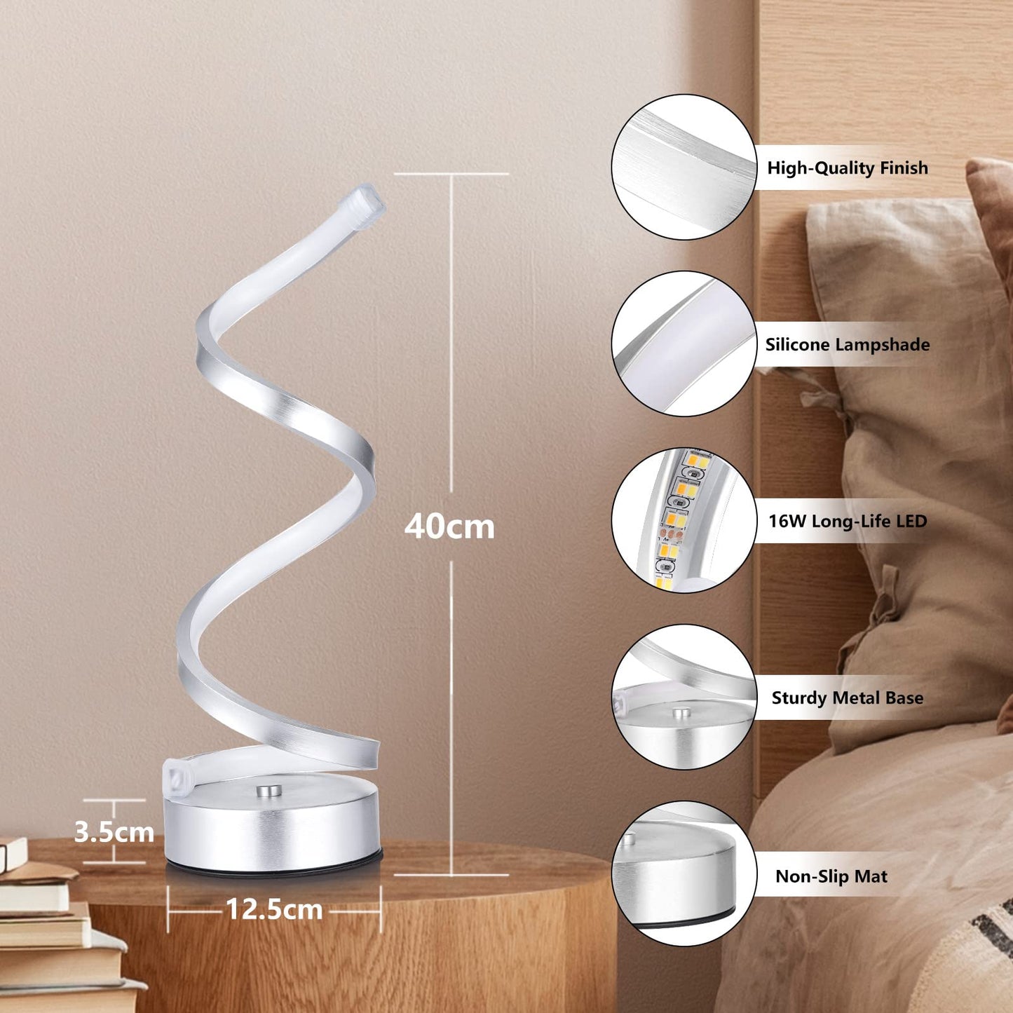 NUÜR Table Lamps for Living Room Set of 2, Silver Dimmable LED Lamp, Small Bedside Lamps, Nightstand Lamp for Bedroom Office Home Living Room