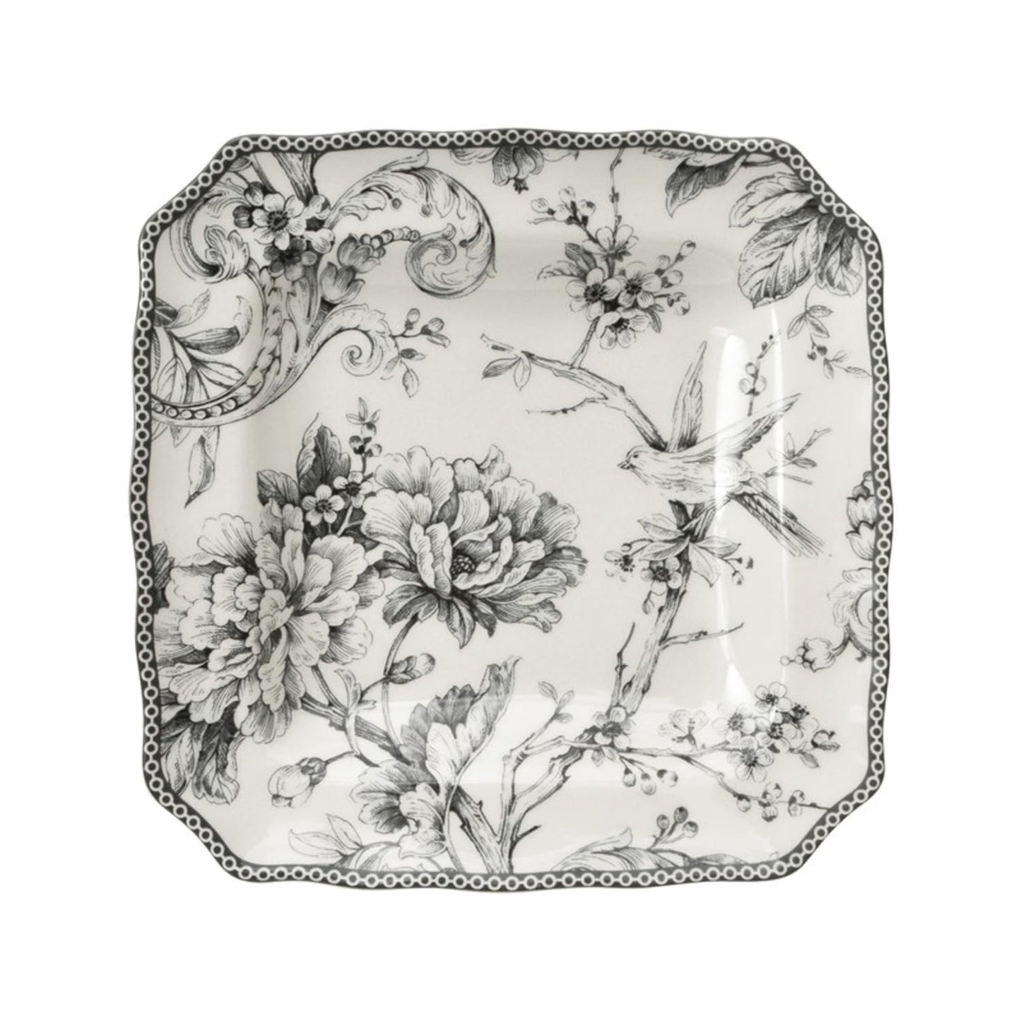 222 Fifth Adelaide 16-Piece Square Floral Dinnerware Set – Service for 4, Grey & White Porcelain Plates & Bowls, for Everyday Dining & Entertainment, Microwave & Dishwasher Safe, Chip Resistant