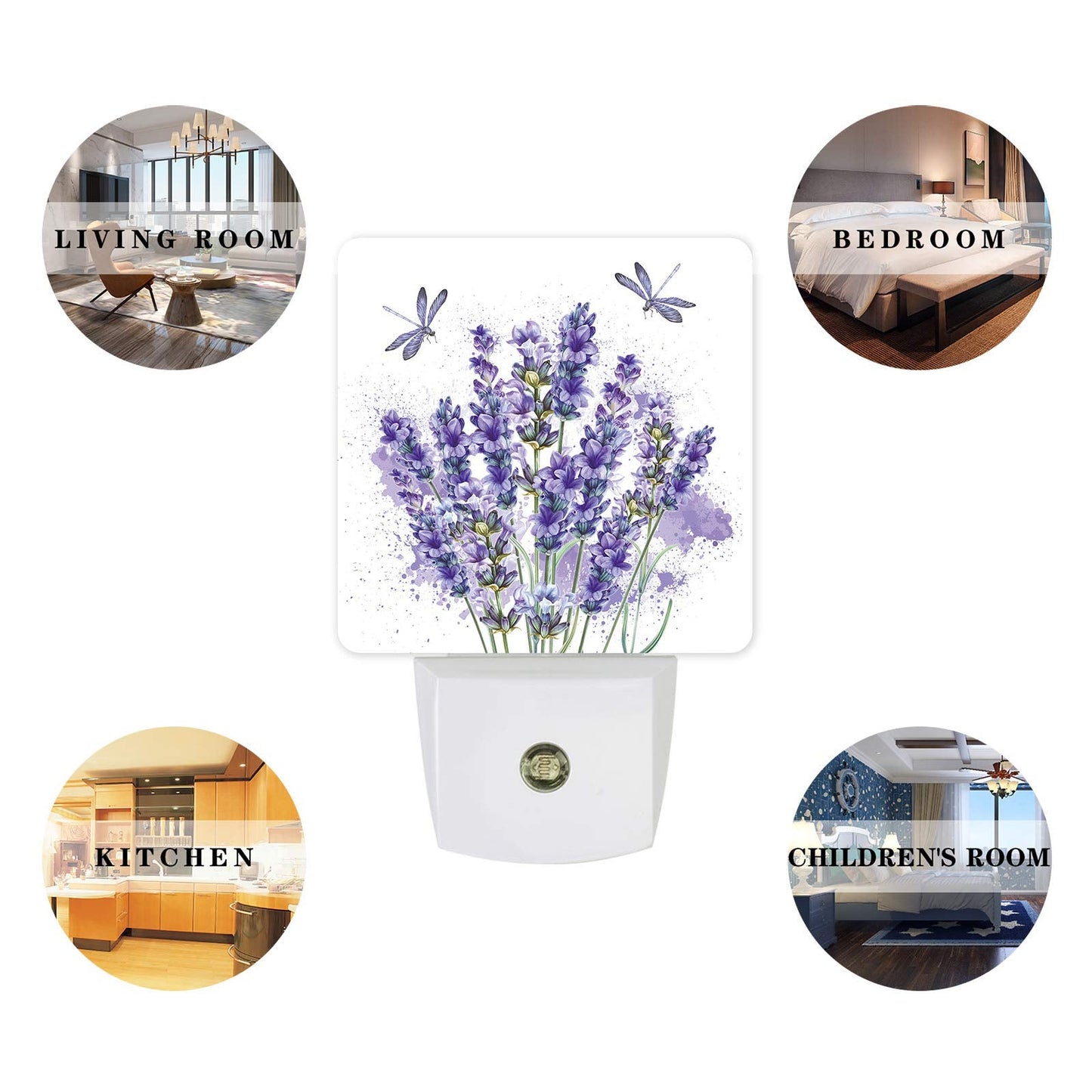 Lavender Dragonfly Flower Plug-in LED Night Lights Purple Plant Auto Dusk-to-Dawn Sensor for Bedroom Bathroom Kitchen Nursery Hallway Stairs Wall Home Decor