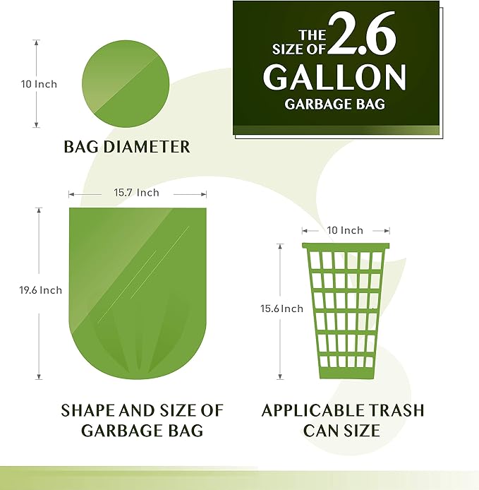 FORID 2.6 Gallon Compostable Garbage Bags, 5 Rolls – Green, Unscented Trash Bags