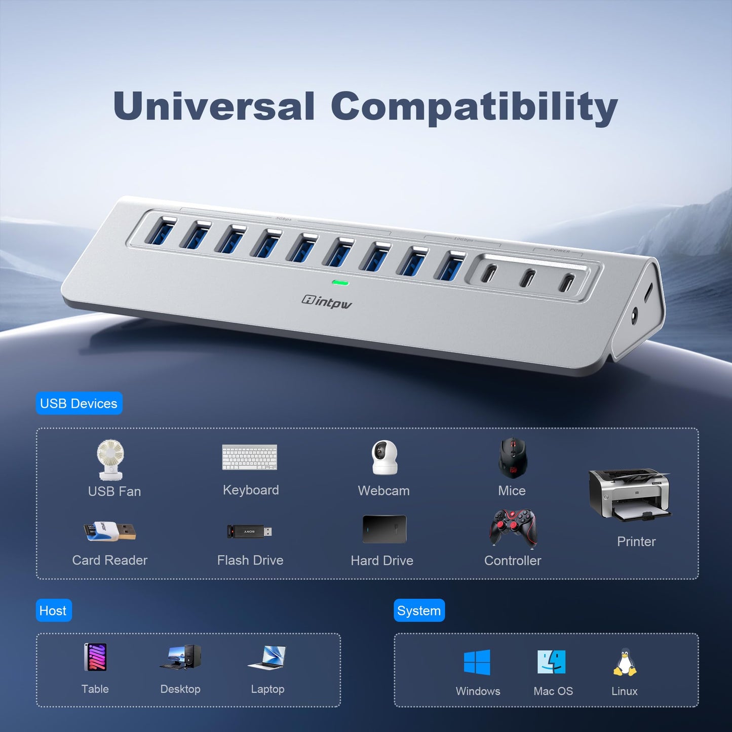Powered USB Hub 10Gbps, intpw 9-Port USB 3.2 Hub, USB C Hub with USB A/USB C 3.2, 4 USB 3.0, 2 PD 45W Charging Ports, 65W Power Adapter and 3.3FT Cable, Aluminum USB Hub for Laptop, iPhone 16/15, PC