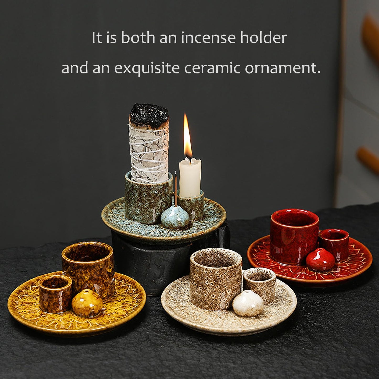 4 in 1 Multifunctional Ceramic Incense and Candle Holder with Ash Catcher Tray Suit for Burning White Sage, Palo Santo Sticks (Blue)
