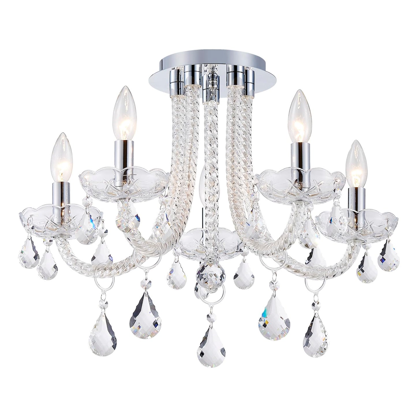 GlowEasely French K9 Crystal Maria Theresa Candle Chandelier, Luxury Vintage Pendant Light Fixture for Dining Room, Living Room, 5 Lights, D22.4*H15.7 inch, Clear Crystal & Chrome Finish Frame