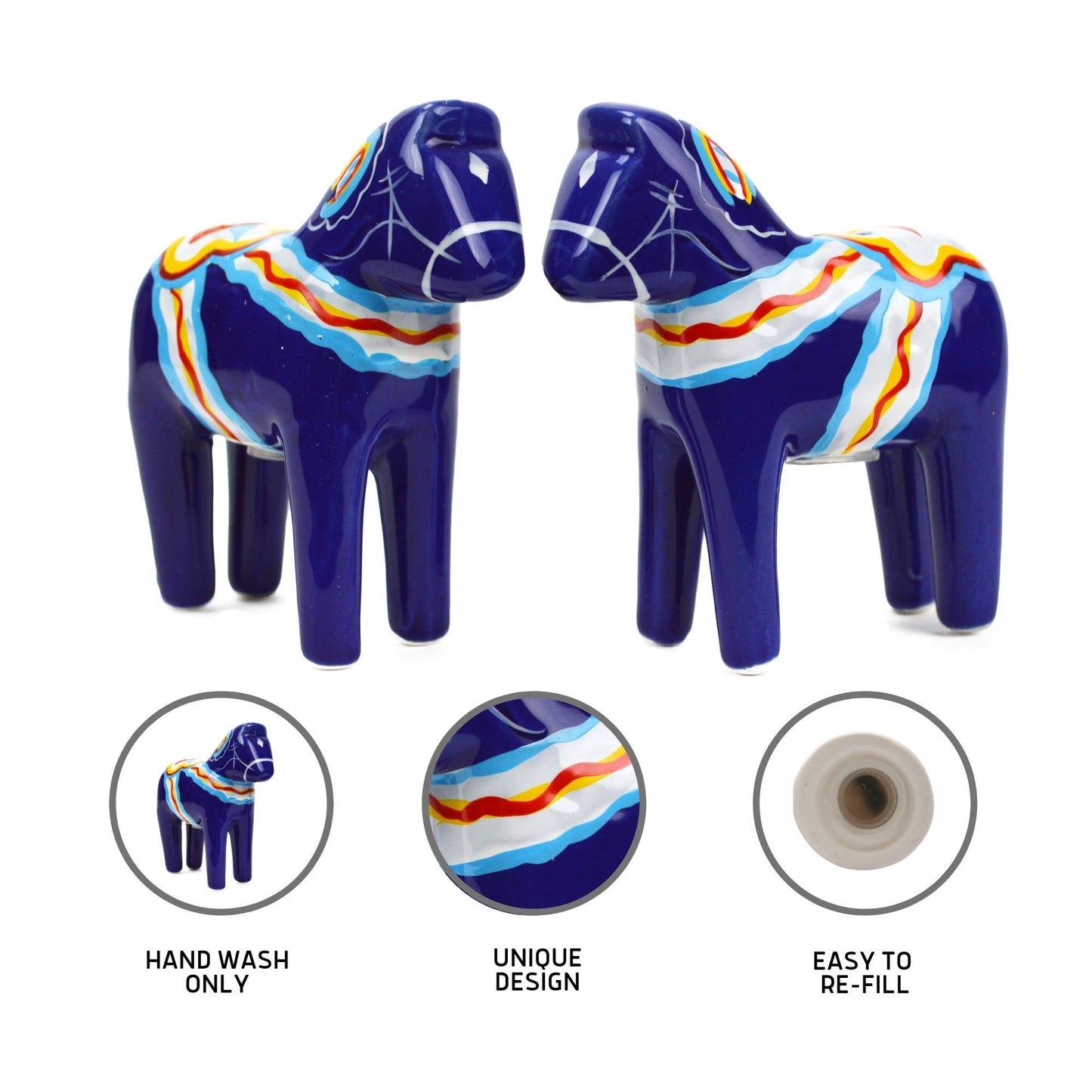 ScandinavianGiftOutlet - Salt and Pepper Shakers - 3.25" Ceramic Dala Horse - Blue Swedish Theme - Kitchen Accessories - Scandinavian Home Decor Novelty Salt & Pepper Set