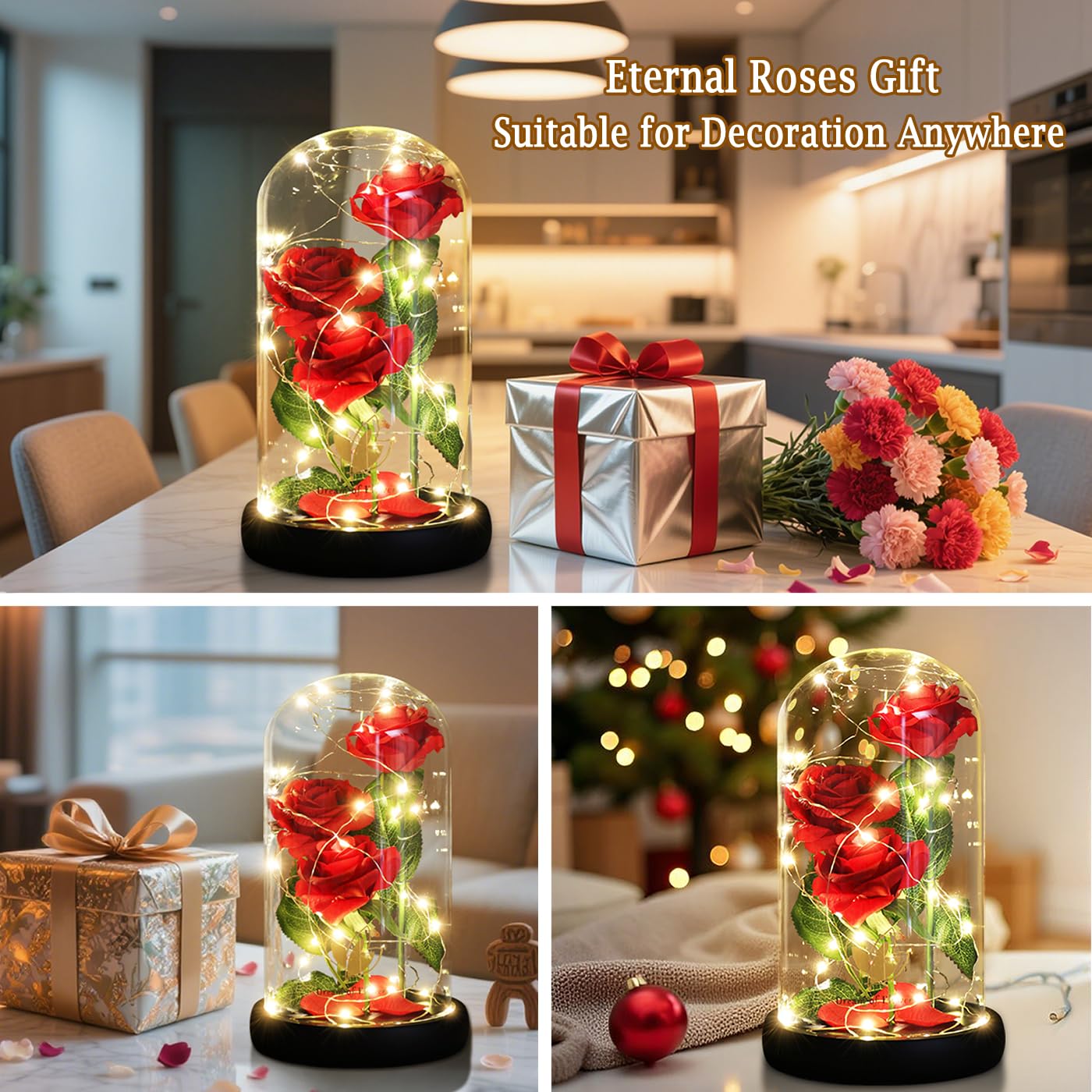 Dream of Flowers Gifts for Mom Mothers Day Birthday Gifts for Women,Beauty and The Beast Rose in Glass Dome,Anniversary Rose Gifts for Wife,Romantic Red Silk Rose Flower Gifts for Women
