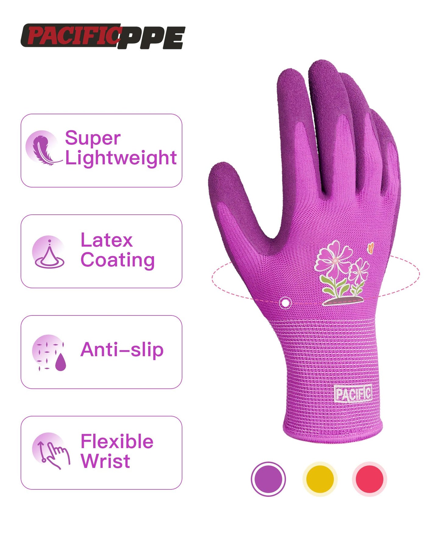 PACIFIC 3 Pairs Gardening Gloves for women, Rubber Coated Garden Gloves, Ladies Yard Work Gloves, Breathable, Purple & Yellow & Red, Medium